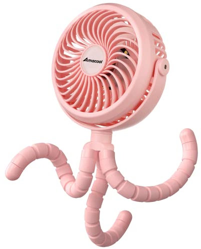 Amacool Battery Operated Stroller Fan Flexible Tripod Clip On fan with 3 Speeds and Rotatable Handheld Personal fan for Car Seat Crib Bike Treadmill (Pink)