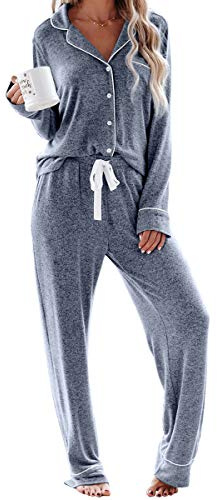 Aamikast Women's Two-piece Classic knit Pajama Sets Long Sleeve Button Down Sleepwear (M, Lake Blue)