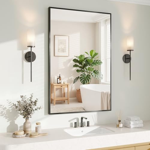 Koonmi Black Rectangle Wall Mirror, 20x30 Inch Bathroom Mirror, Aluminum Frame Vanity Mirror for Entryway, Living Room, Bedroom Bathroom, Hangs Horizontally or Vertically