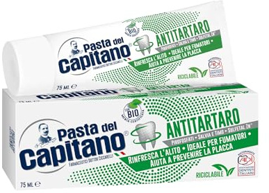 Pasta del Capitano, Dentifricio Antitartaro Bio, Dona Freschezza e Rinfresca l'Alito, Ideale per i Fumatori, Aiuta a Prevenire la Placca, 100% Made in Italy, Tubetto da 75 ml