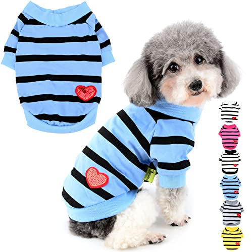 Zunea Hunde-Shirts für Kleine Hunde Sommer Basic T-Shirt Streifen Welpen Kleidung Pailletten Liebe Herz Sweatshirt Weiche Baumwolle Tee Shirt Haustier Kleidung Pullover Chihuahua Bekleidung Blau XS