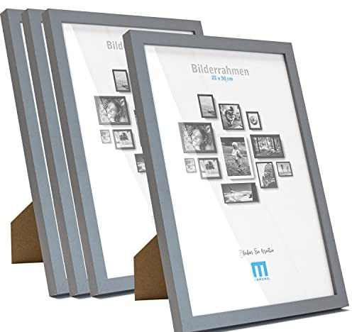 M MERCEO 4 Stk. Bilderrahmen A4 in grau aus MDF, minimalistisch & modern für Fotos & Bilder im DIN A4-Format. Inkl. Acrylglasschutz. Als Tisch-Aufsteller und für die Wand, Hochformat oder Querformat
