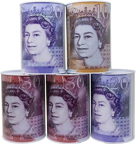 Set Of 4 Pound Note Money Coin Jar - £ Notes Piggy Bank Jar Tin Saving Coins | Piggy Bank, Coin Tin, Cash Tin, Savings Tin, Money Box | Suitable For Home, Bedroom, Office & Can Be Used As Charity Box