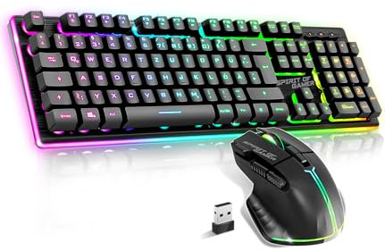 SPIRIT OF GAMER Pack Teclado Ratón Inalámbrico Gamer Negro Recargable RGB | QWERTZ De Retroiluminado | Gaming Keyboard Semi Mecánico | Estructura Aluminio I Wireless Mouse 4800 DPI | PS4/PS5, PC, Xbox