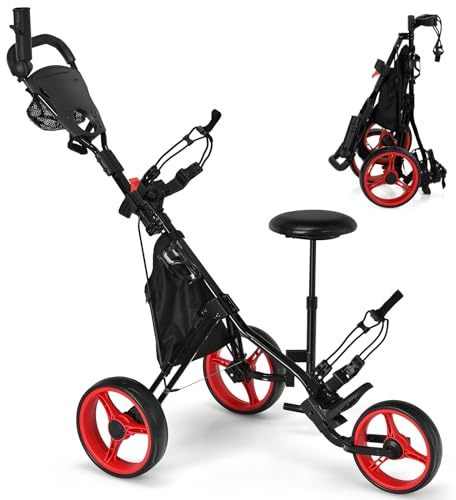 SPOTRAVEL 3 Wheel Golf Trolley, Folding Golf Cart with Storage Bag, Umbrella Holder, Foot Brake & Built-in Cooler, Portable Golf Push Trolley(Red,With Detachable Seat,132 x 75 x 98-116cm)