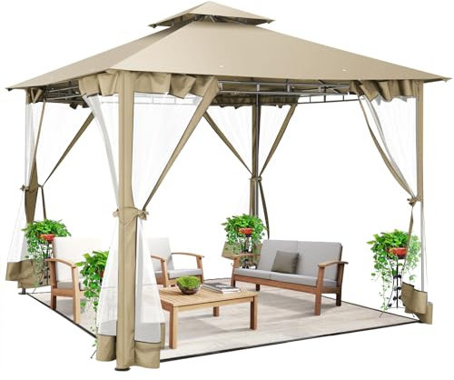 COBIZI Pavillon 3x3m Wasserdicht Gartenpavillon Patio Pavillon mit Atmungsaktiven Netzen und Stahlrahmen für Patio Garden Yard Park, mit Doppeldach-Pavillon und Sichtschutzwänden, Khaki