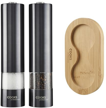 Cooks Professional Electric Salt and Pepper Mill Set with Bamboo Base | Battery Operated Automatic Grinders with Adjustable Grinding & One Touch Operation | Condiment Grinder & Stand | Graphite