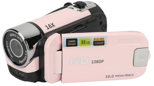 Caméscope Vidéo, Enregistreur D'appareil Photo Numérique 1080P 16MP, écran Rotatif de 2,4 Pouces, Caméscope à Zoom Numérique 16X avec Lumière de Remplissage (Rose)