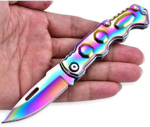 JPCRMOV Klappmesser kleine Taschenmesser leicht und kompakt, Zweihandmesser Edelstahl mit Titannitrit-Beschichtung, Tragbar Outdoor Survival Messer nur 62g (Regenbogenfarbe)