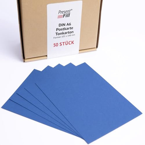 PresentFill® - blanko Postkarten Tonkarton Saphir Blau, Papier-Karten Set 50 Stück 210 g/m² -DIN A6-105 x 148 mm zum Selbstgestalten, beschriften oder bedrucken als Bastelkarton, Karteikarten