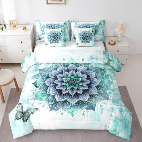 Chic Floral Bedding Comforter Sets 7pcs for Girls Women Mandala Flower Bed in a Bag, Teal Ombre Queen Bedding Sets Gradient Oil Painting Comforter Set, Vintage Watercolor Bedding Sets & Collections