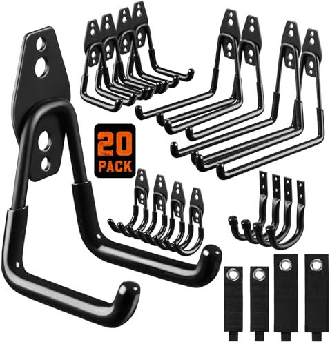 LANDNEOO Garage Hooks, 20-Pack Steel Garage Accessories for Organization and Storage, Heavy Wall Mount Duty Hooks with Anti-Slip Coating for Hanging Ladder, Bike, Power Tools and More Tools, Black