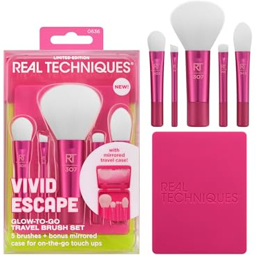 Real Techniques Vivid Escape Glow-To-Go Travel Makeup Brush 6 Piece Set, Mini Size Makeup Brushes For Eyeshadow, Concealer, Contour, & Blush, Includes Mirror Cosmetic Case, Cruelty-Free & Vegan