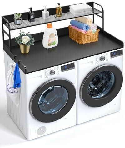 VEVOR Washer Dryer Countertop with 2-Tier Shelf, 54 x 27 Wooden Washer and Dryer Countertop with Anti-Slip Pads, Water-Resistant Laundry Topper Cover for Laundry Room Organization and Storage, Black