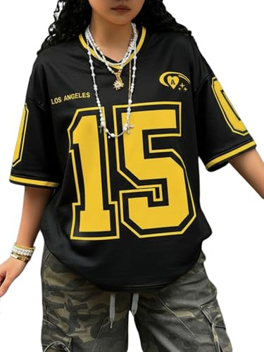 SOLY HUX Jersey Shirts for Women Number Graphic Print V Neck Baggy Tees Hip Hop Streetwear Black Graphic Medium