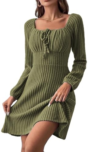 JENJON Femme Robe Pull Manches Longues Tunique Minirobe en Tricot A-Line Col Carré Taille Haute Casual Chic Robes Automne Hiver