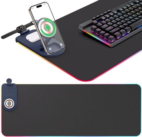 Zoelele Alfombrilla de Ratón RGB 800 * 300 * 4mm,Alfombrilla Ratón Gaming 15W Carga Inalámbrica Qi, 15 Modos Iluminación LED, Impermeable Antideslizante para Escritorio Oficina Gamer