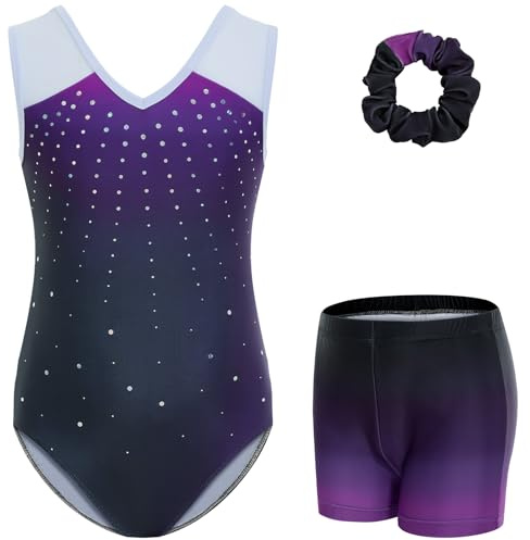 Gogokids Flickor V-ringad gymnastikdräkt 3-delat set, barn paljett gymnastiska trikåer med nät skarvad hals, barn gym trikåer set med shorts och hårband för balett, yoga, uppträdande, ålder 3-12
