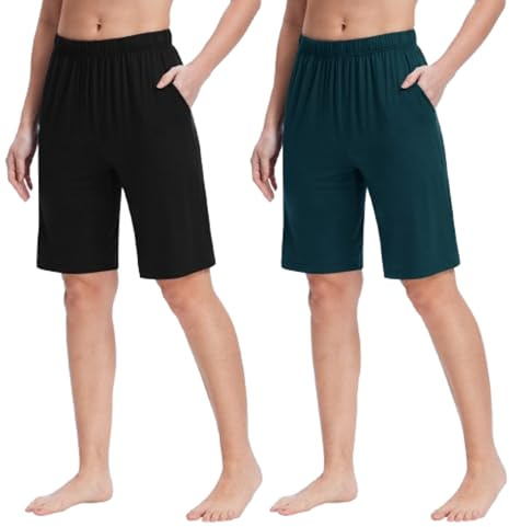 MoFiz Mujer Pantalones Cortos de Pijama Suave Verano Shorts hasta la Rodilla de Estar por Casa Dormir con Bolsillos