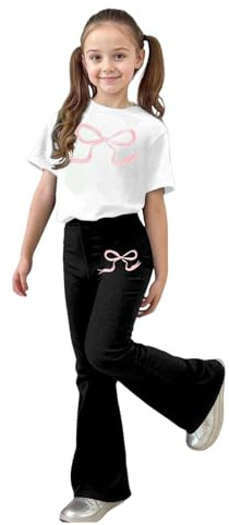 JokeLomple Elegante Completo Casual per Bambine con Stampa a Fiocco e Pantaloni Svasati, Completo Coordinato in Due Pezzi per Bambine e Bambini (Black, 11-12 Years) #152
