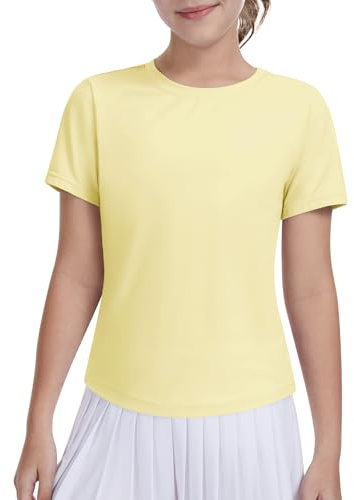 DOCUMO Girls T-Shirts Quick Dry Short Sleeve Sports Tops（Light Yellow,L