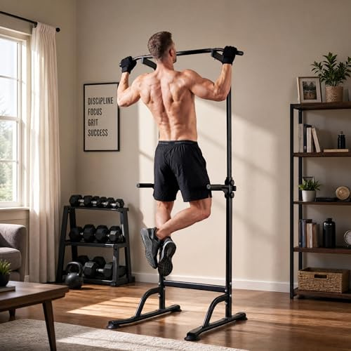 Power Tower for Home Gym, Adjustable Pull Up Bar and Dip Station, Heavy Duty Strength Training Tower for Chin Ups, Dips, Knee Raises and Push Ups, 10 Height Settings, 150 kg Capacity (Black)