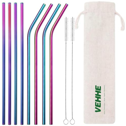 VEHHE Metal Straws Drinking Straws 10.5 Stainless Steel Straws Reusable 8 Set - Ultra Long Rainbow Color-Cleaning Brush for 20/30 Oz for Yeti