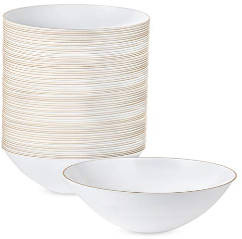 [16 OZ 40 Count] White Plastic Floral Design Party Soup bowls With Gold Rim Premium heavyweight Elegant Disposable Tableware Dishes