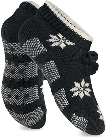 Celodoro Damen Norweger Strick Socken für Zuhause (1 Paar) Hüttensocken mit ABS-Sohle - Schwarz 35-38