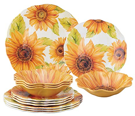 UPware 12 Piece Sunflower Melamine Dinnerware Sets, Outdoor Dishes Set, Plates and Bowls Sets, Service for 4, Yellow