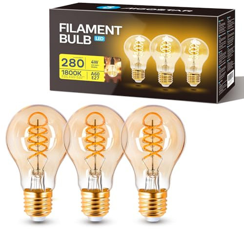 Aigostar - LED Glühbirne E27 4W, Modell A60, Warmweißes Licht 1800K, 280 Lumen, Vintage Glühbirne im Edison-Stil Mit Filament Und Bernsteinfarbenem Glas, Dekorative Glühbirne, Packung Mit 3 Stück