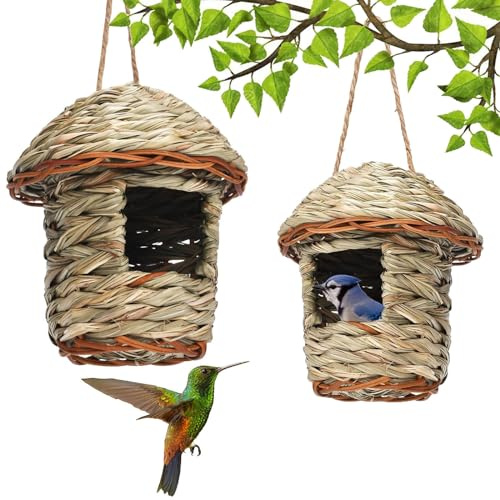 Nido de Pájaro Colgante, 2 Piezas Casa de Paja Natural Pájaros, Nidos de Pájaros, Casa de Pajaros Exterior, Nidos para Pájaros Pequeños, Casa de Paja Natural Pájaros para Aves Pequeñas