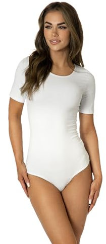 Alkato Body Damen Kurzarm aus Baumwolle – Bequemer Damen Body mit Rundhalsausschnitt und Druckknopfverschluss, Farbe: Weiß, Größe: XS (Short 158-164 cm)