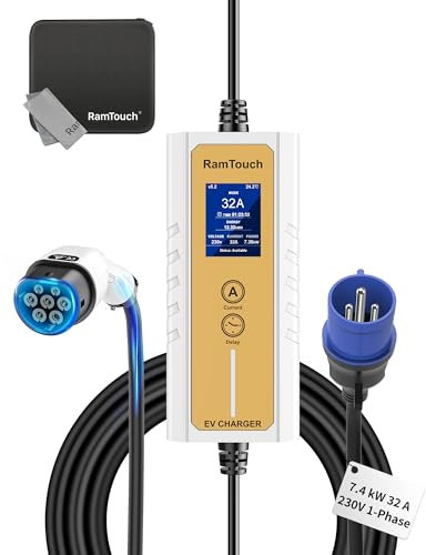 RamTouch Ladekabel Elektroauto Blau CEE 32A auf Typ 2 (7,4 kW, 1-phasig, 6,5 m), IP65 Mobile Wallbox CEE mit 6A-32A Einstellbar und Timer & Verzögerung, EV-Ladegerät mit LCD für E-Autos & PHEV