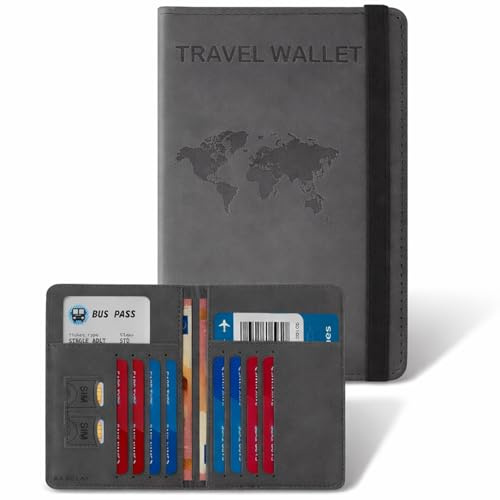 RAXCLAY Porta Passaporto Cover Custodia da Viaggio 8 Carte RFID Documenti Accessori Utili Uomo Donna 2a-Generazione Pelle PU Multifunzione Doppio Scomparto Blocco Schermato Compatto Slim (nero black)