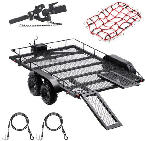 AMK RC Trailer, Metal 1/8 1/10 RC Car Trailer with Installation Manual for Hauling Behind Cars with Truck Hitch and Receiver Crawler Towing Strap Builder Kit for Axial SCX10 90046 TRX4 TRX6 Gen7 Gen8