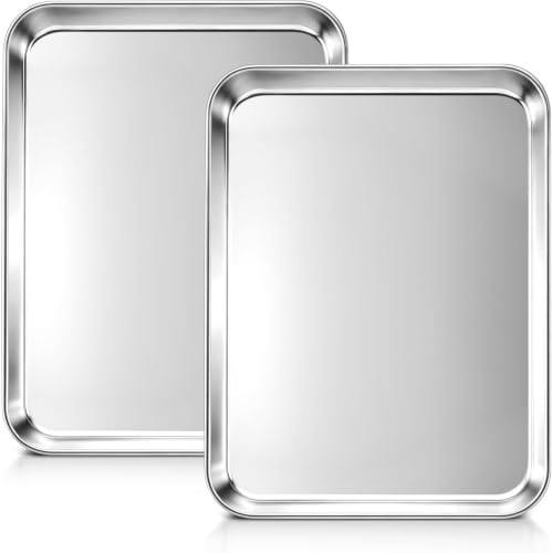 Bakplåt set med 2, rostfritt stål brödrost ugnsark set, rimmad panna bakset – serveringspanna, giftfri, rostfri, enkel rengöring och diskmaskinssäker (23,5 x 17,5 x 2,5 cm)