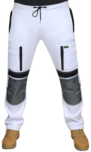 HASHOOB TRADING FZE Men's White Fleece Painter Work Trousers with Knee Pad Pockets & Multi Cargo Storage (Ten-White, S)