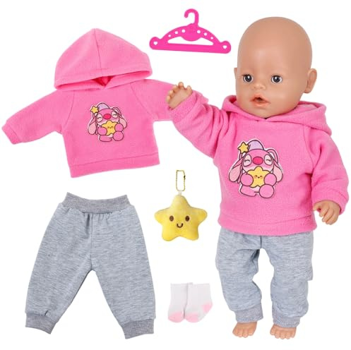 5 Pcs Baby Doll Clothes for 14-17 Inch Doll, 35-43cm Pink Newborn Baby Doll Clothes with Puppy Hoodie Pants Socks Hanger Pentagram Doll, Cute Doll Outfits Accessories Gifts for Children