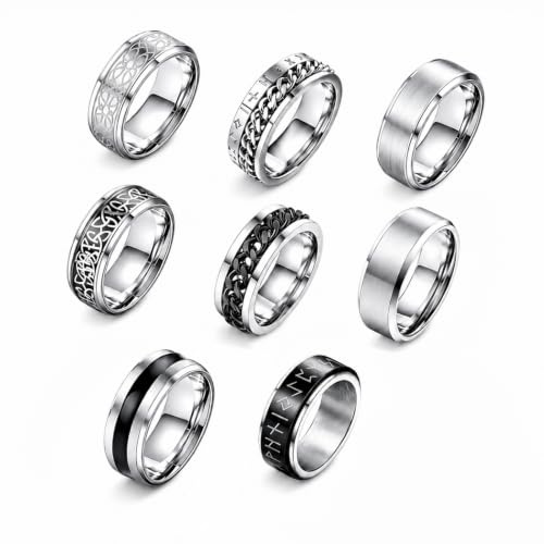 LIULINY 8 Stycken Antistress Ring för Män, Mäns Vridbara Rostfritt Stålring, Fidget Ring Unisex Vridbar För Att Lindra Stress och Ångest för Kreativa Modeaccessoarer och Festpresenter (Svart Silver)