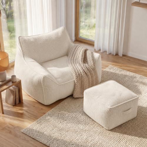 DEZAGCE Large Corduroy Bean Bag Chair with Footstool - 117cm Floor Sofa, Cream White