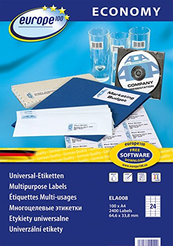 Europe100 Art. ELA008 Adressaufkleber (2.400 Klebeetiketten, 64,6x33,8mm auf A4, Papier matt, individuell bedruckbar, selbstklebende Adressetiketten, kompatibel zu AVERY 3658) 100 Blatt, weiß