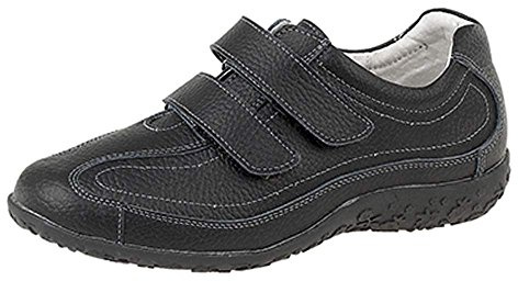 Womens Ladies Extra Wide EEE Fit Velcro Leather Casual Shoes Trainers , Black, 7 UK