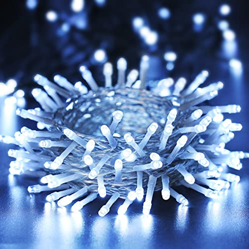 BrizLabs Luci Natalizie a Batteria 10M 100 LED Bianco Freddo Luci Stringa 8 Modalità Impermeabile Cavo trasparente Catena Luminosa Decorazioni Natalizie per Giardino, Albero di Natale, Matrimonio