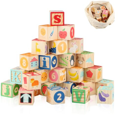 Wondertoys Bloques ABC de Madera Juegos de construcción Juego de Bloques de Letras del Alfabeto Juguetes educativos para niños 26 PCS