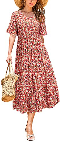 STYLEWORD Mujeres Verano Vestido de Manga Corta Largo Midi Playa Vestido de Vacaciones