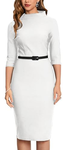 MUXXN 50s Pencil Dresses for Women Retro Cocktail Midi Knee Length Sheath Mock Neck Formal Business Office Work Dresses White XL