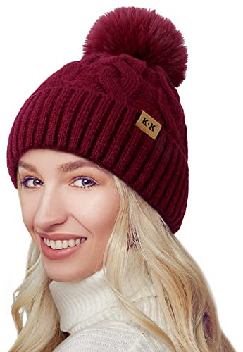 JORYEE Winetermütze Damen - Mütze Damen Winter Warme Gestrickte Beanie Chunky Kabel Strickmütze mit Pompom Fleecefutter Dicke Bommelmütze für Frauen