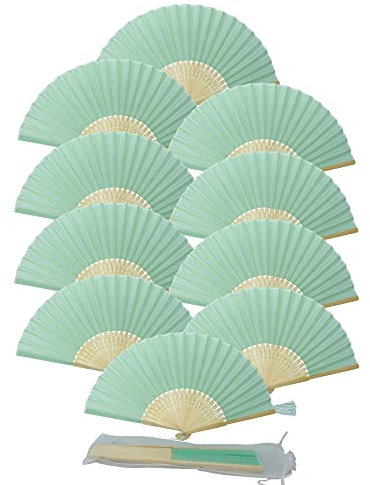 FANSOF.FANS - Paquete de 10 abanicos de tela con borla de bambú de grado A, para fiestas y bodas (color turquesa claro)
