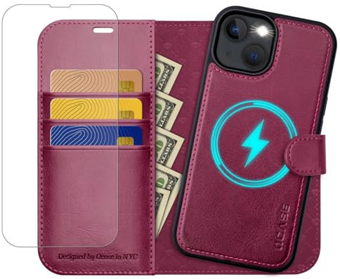 OCASE iPhone 13 Hülle(2in1) Leder Stoßfestes Case [Abnehmbare magnetische Hülle] [Kabelloses Laden] [mit iPhone 13 Schutzfolie] Handyhülle RFID Schutzhülle Etui Klapphülle Burgundy
